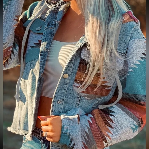 Boutique Jackets & Blazers - Geometric Print Denim Jacket
